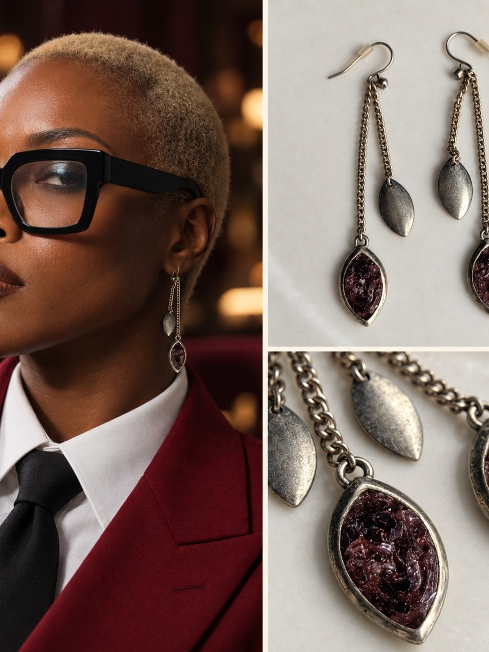 Vintage-Inspired Silver Drop Earrings with Dark Plum Stone